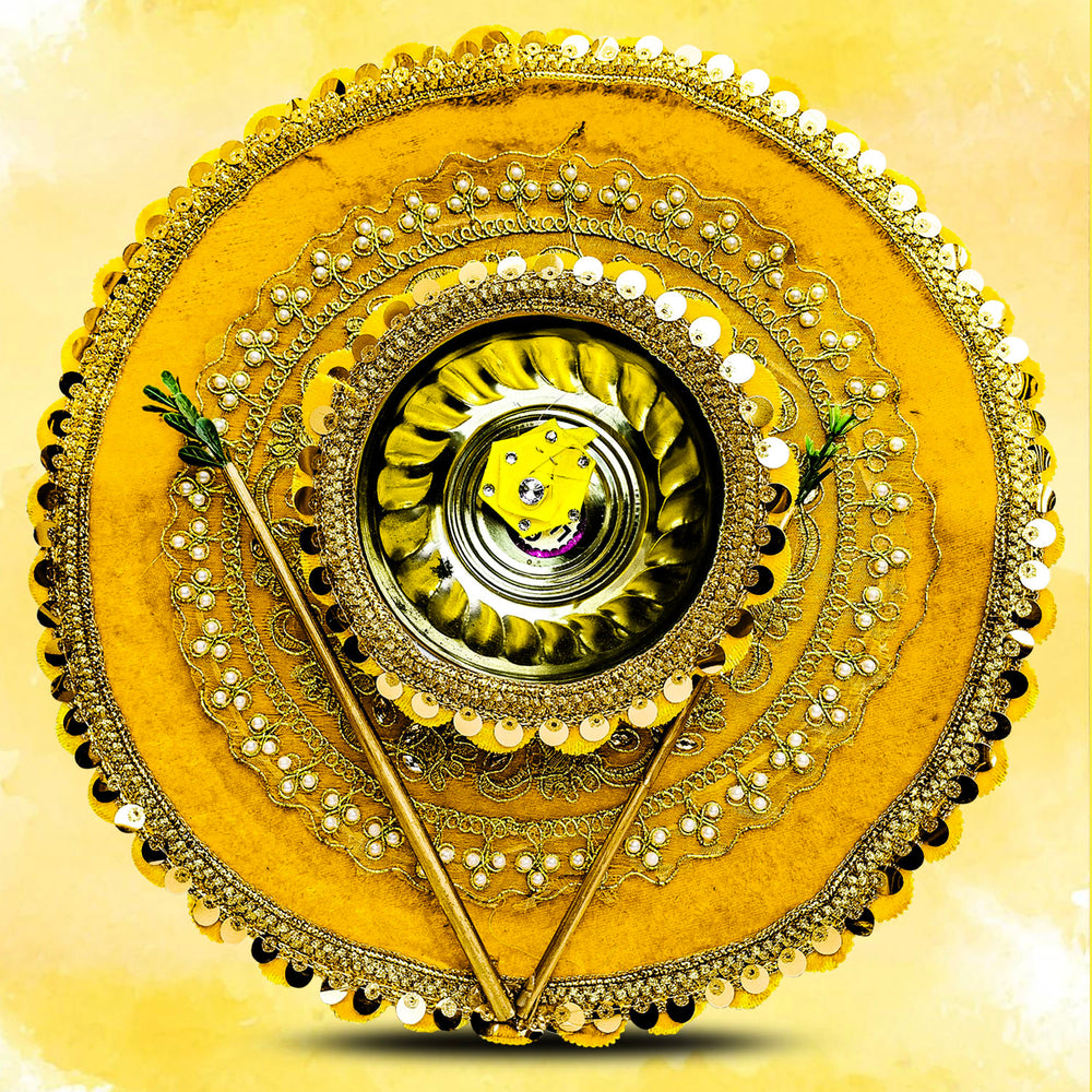 Elegant Haldi Thali for Wedding – Handcrafted 12-inch Platter with Bowls for Haldi Function & Spiritual Decor