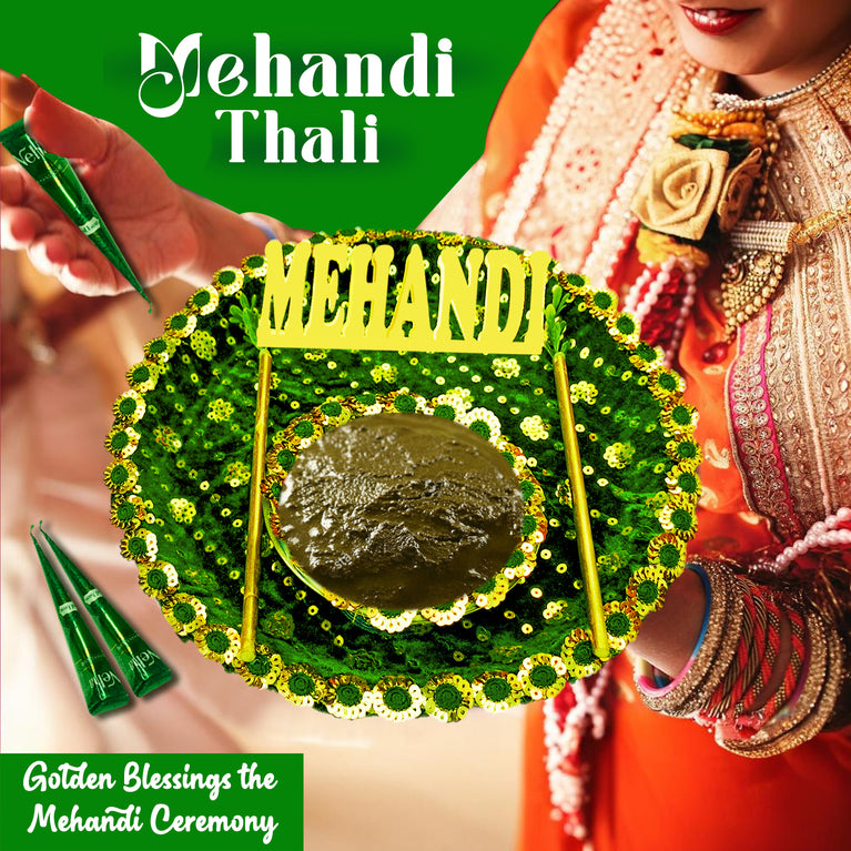 Traditional Premium Mehndi Thali with Mehndi Cone – Floral Design Wedding Plate for Elegant Mehndi Ceremony