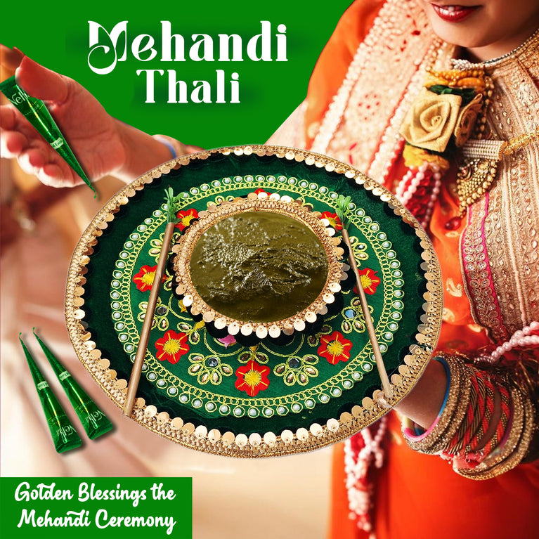 Premium Mehndi Thali with Mehndi Cone – Floral Wedding Plate with Custom Craftsmanship for Traditional Shaadi Celebration