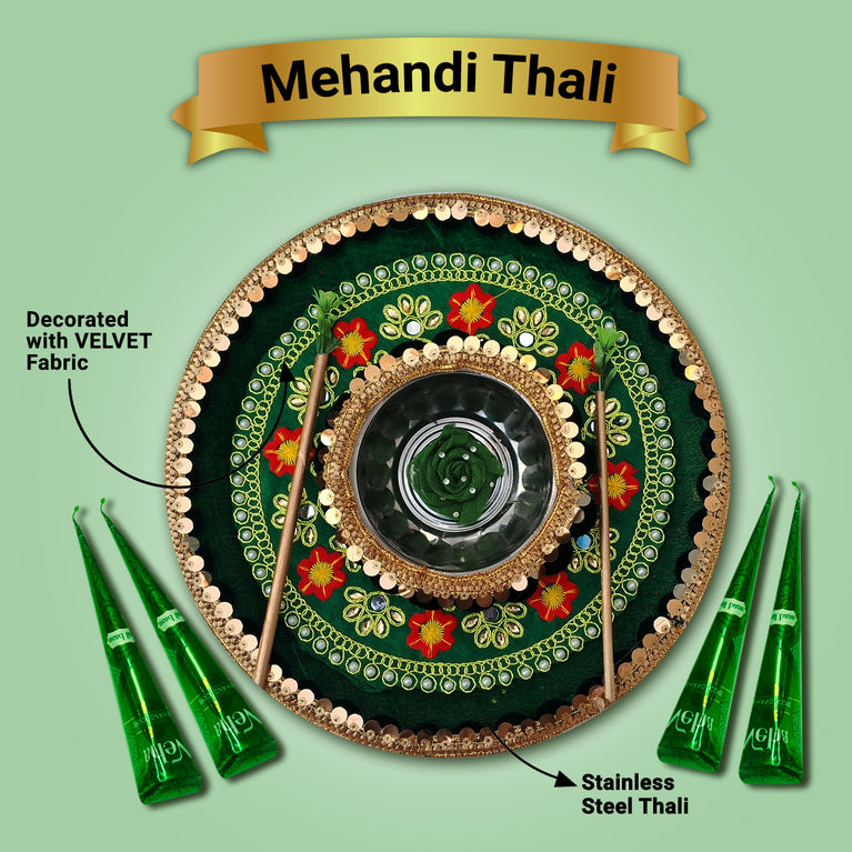 Premium Mehndi Thali with Mehndi Cone – Floral Wedding Plate with Custom Craftsmanship for Traditional Shaadi Celebration