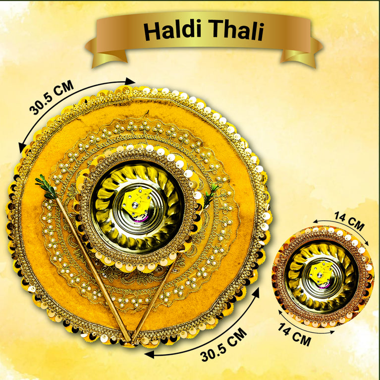 Avirons Handmade Mehendi & Haldi Thali Combo – Traditional Design with 2 Thalis, 2 Bowls & 2 Sticks for Weddings & Festivals