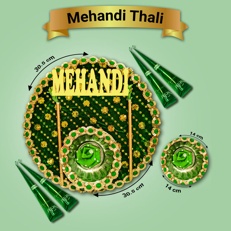 Traditional Premium Mehndi Thali with Mehndi Cone – Floral Design Wedding Plate for Elegant Mehndi Ceremony