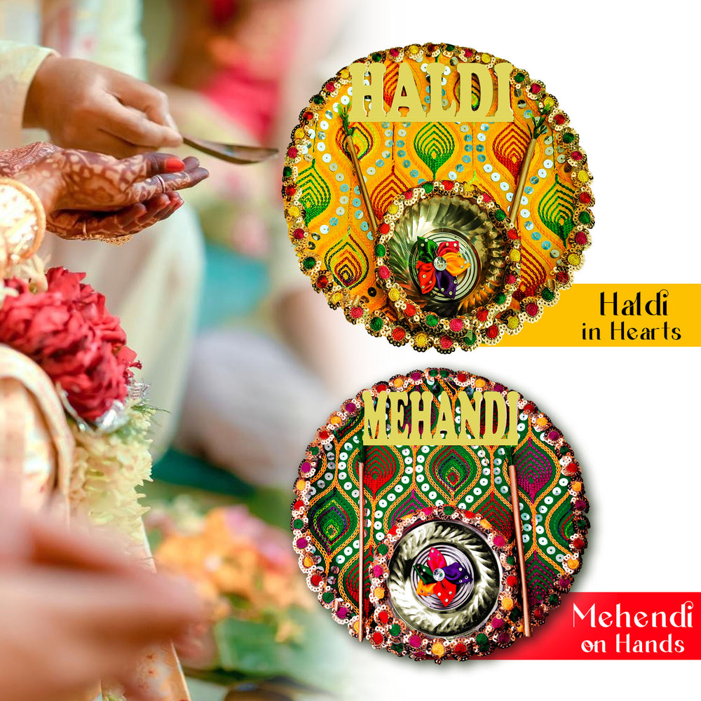 Haldi Ceremony Platter, Bridal Ceremony Thali Set, Haldi & Mehendi Thali Set, Indian Ritual Thali Set, Wedding Function Thali Combo, Cultural Wedding Thali Set, Multi-Purpose Wedding Thali Set, Mehendi and Haldi Thali Set, Haldi Ritual Plate