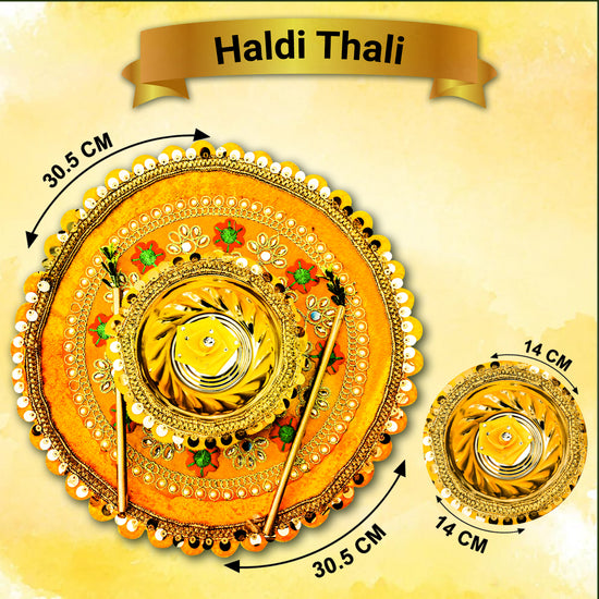 Hand crafted Haldi Thali,Decorative Haldi Thali,Wedding Ceremony Thali,Haldi Ceremony Platter,Traditional Haldi Thali,Handmade Thali for Wedding,Shaadi Decor Thal,12-inch Haldi Thali,Puja Haldi Plate,Handmade Wedding Plate,Ubtan Haldi Platter,Decorative Plate for Haldi Function,Home Decor Wedding Thali,Haldi Thali with Bowls