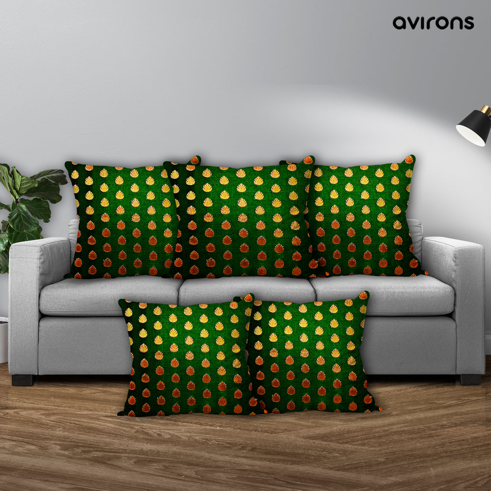 Chic Banarasi Cushion Cover with Stylish Zipper Green Color Pack of 5-16x16 inch