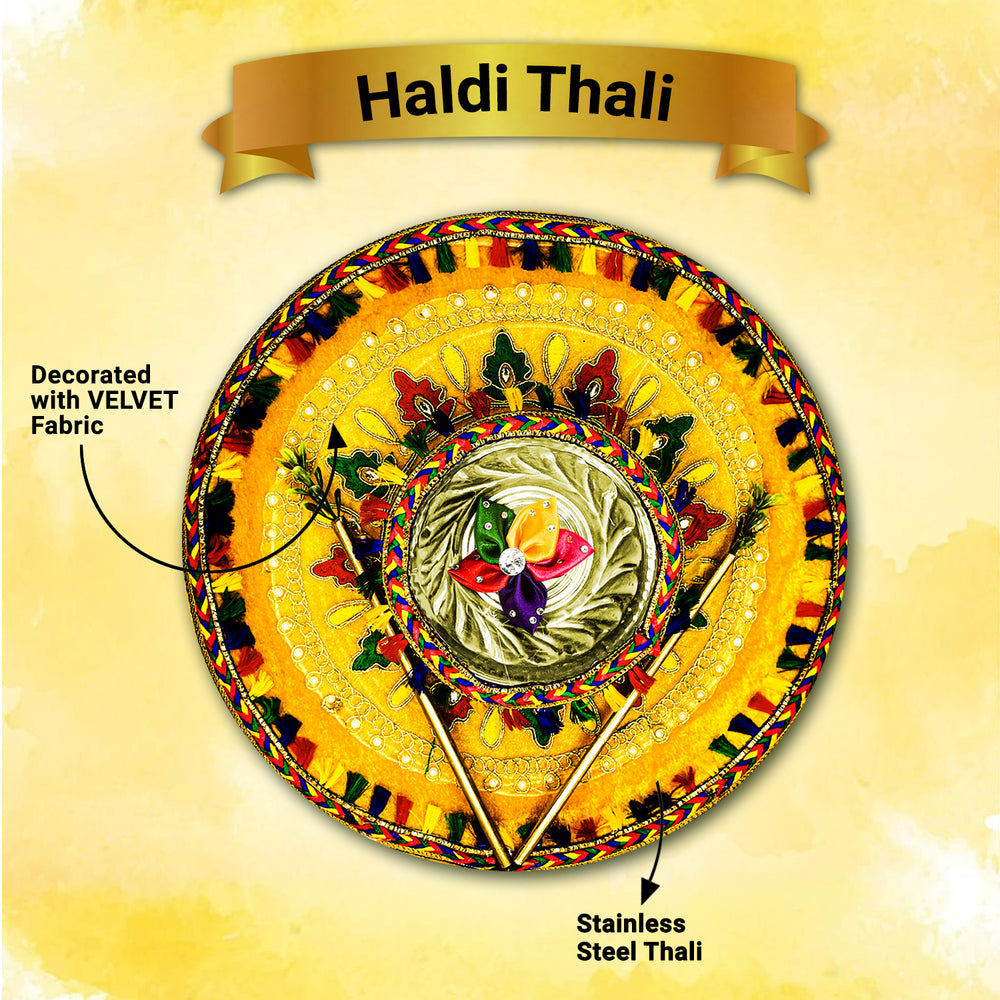 Haldi & Mehendi Thali Set, Indian Ritual Thali Set, Wedding Function Thali Combo, Cultural Wedding Thali Set, Multi-Purpose Wedding Thali Set, Mehendi and Haldi Thali Set, Haldi Ritual Plate, Mehendi Haldi Combo Set, Haldi and Mehendi Decor Set, Haldi Mehendi Thali with Bowls