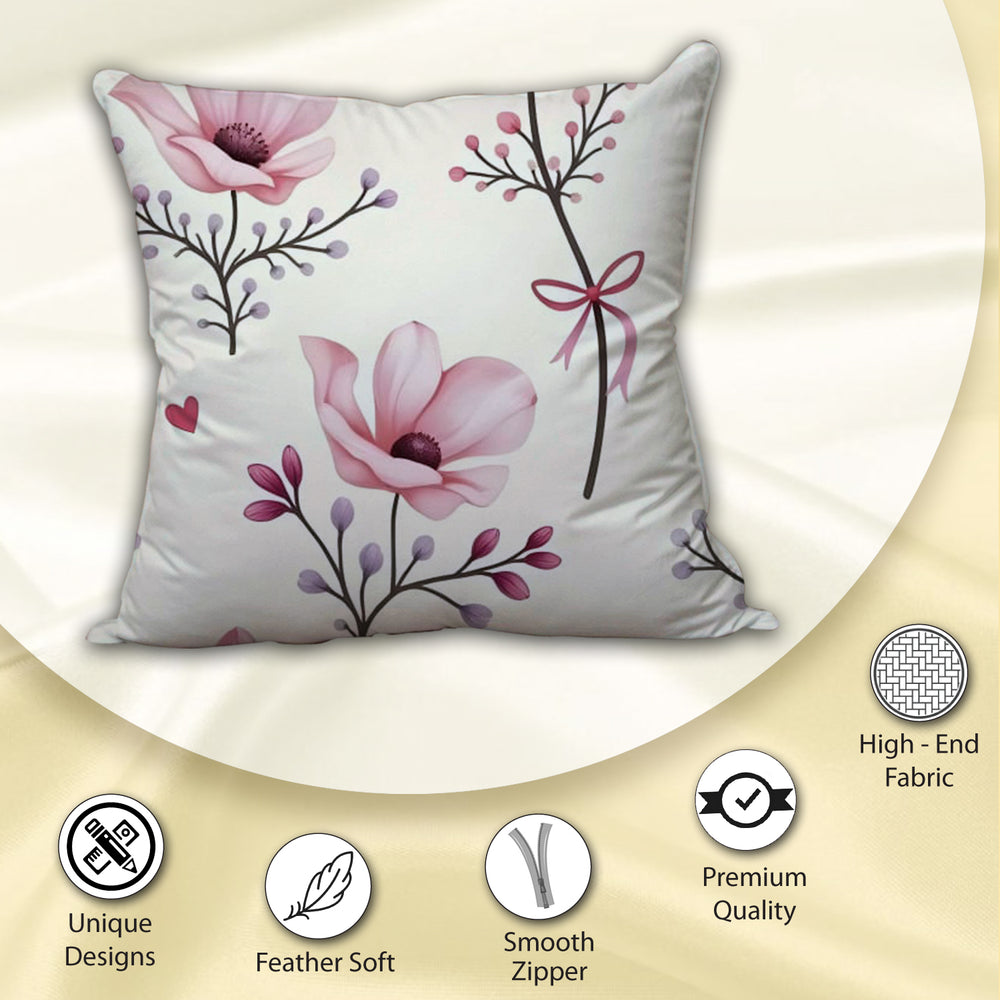 Decorative Satin Silk Cushion Cover - White and Pink Floral Design with Zipper