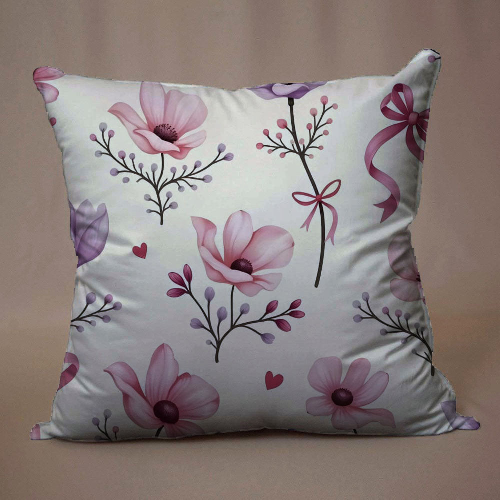 Decorative Satin Silk Cushion Cover - White and Pink Floral Design with Zipper